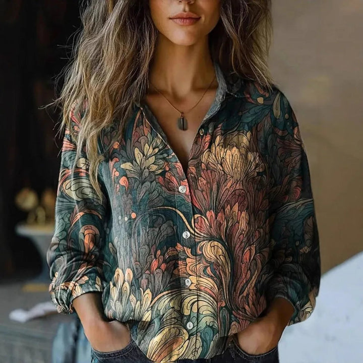 Elisabeth | Women's Boho Long Sleeve Button-Up Blouse with Floral Pattern