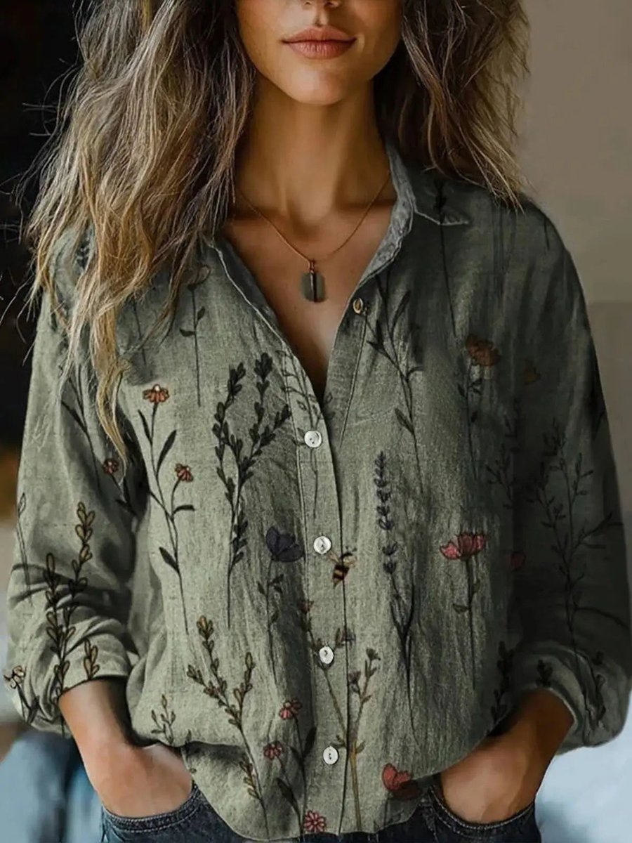 Elisabeth | Women's Boho Long Sleeve Button-Up Blouse with Floral Pattern