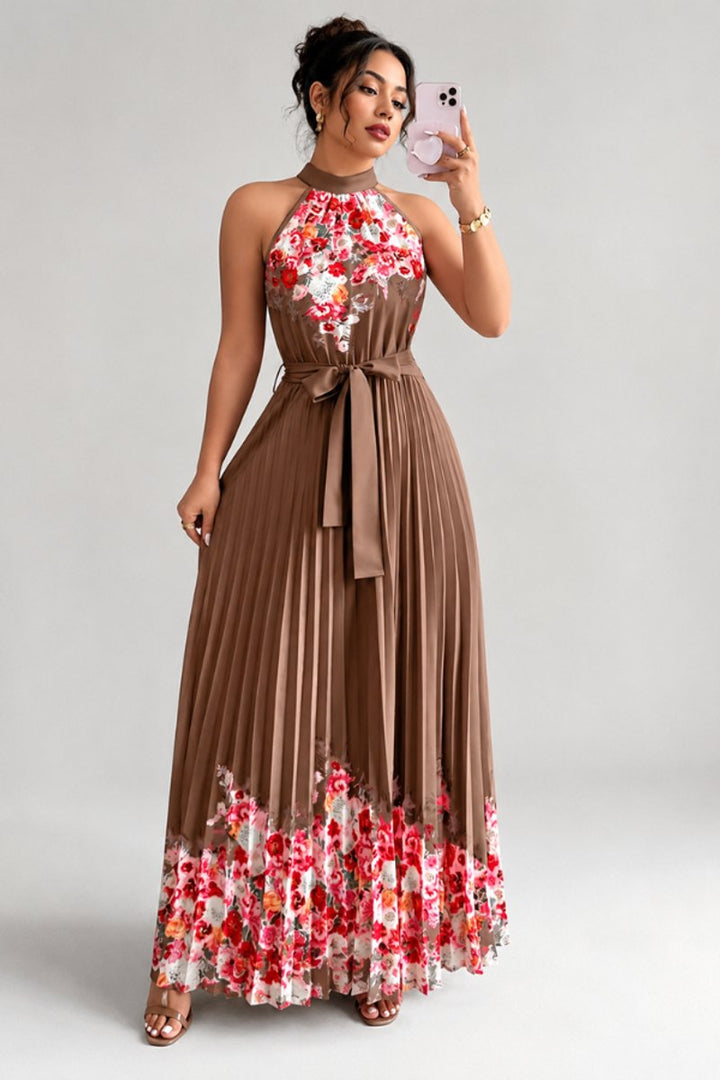 Emilia | Women's Floral Pleated Halter Midi Dress