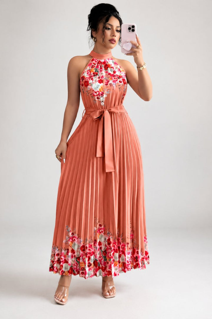 Emilia | Women's Floral Pleated Halter Midi Dress