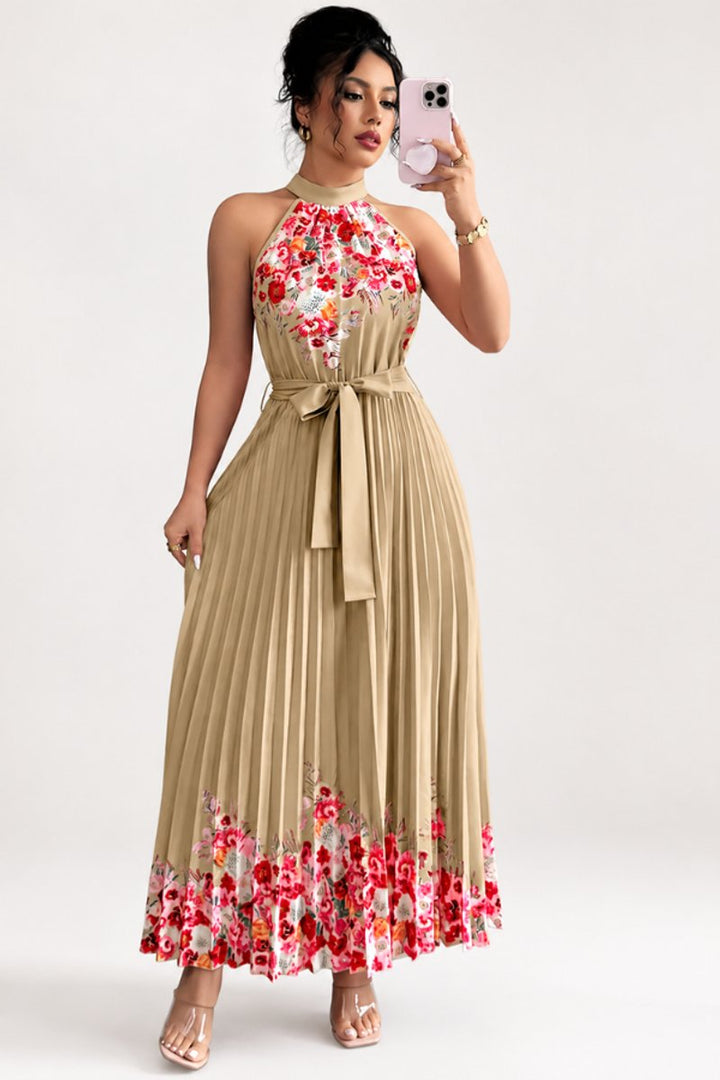 Emilia | Women's Floral Pleated Halter Midi Dress
