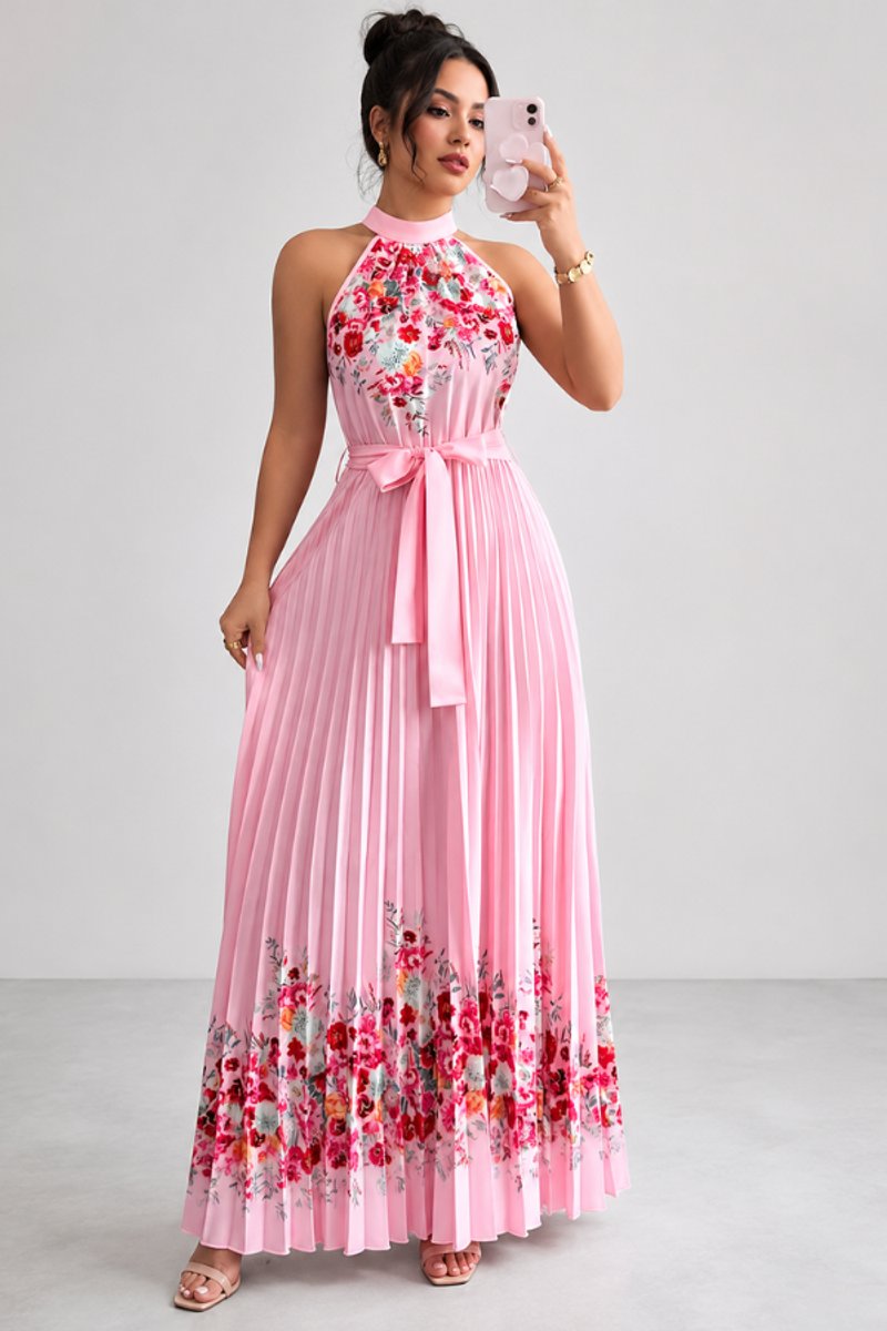 Emilia | Women's Floral Pleated Halter Midi Dress