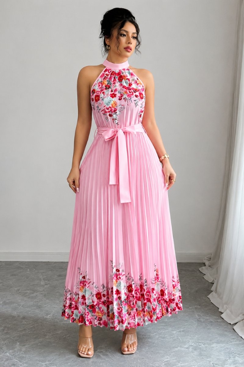 Emilia | Women's Floral Pleated Halter Midi Dress
