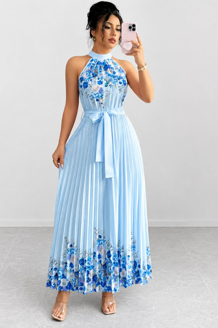 Emilia | Women's Floral Pleated Halter Midi Dress
