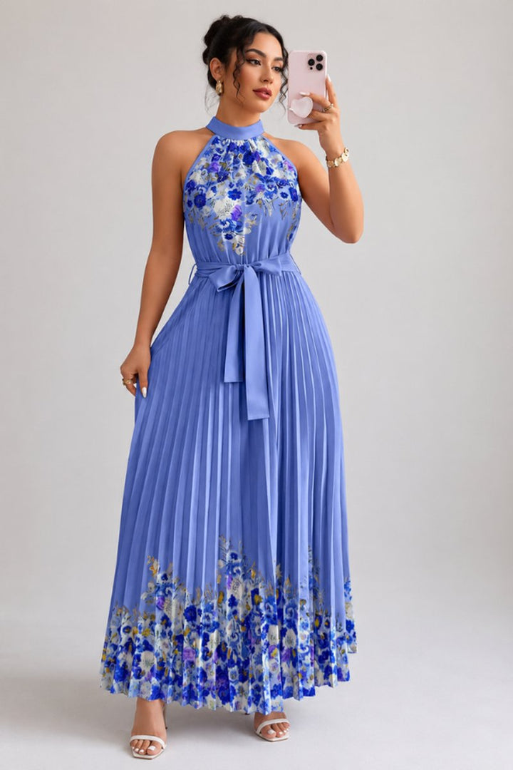 Emilia | Women's Floral Pleated Halter Midi Dress