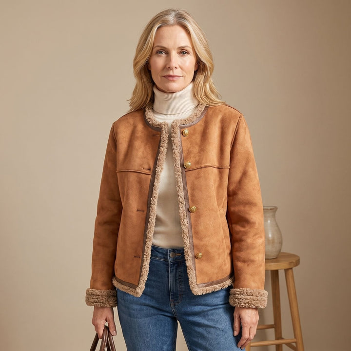 Greta | Women's Short Leather Jacket with Faux Shearling Lining and Gold Buttons