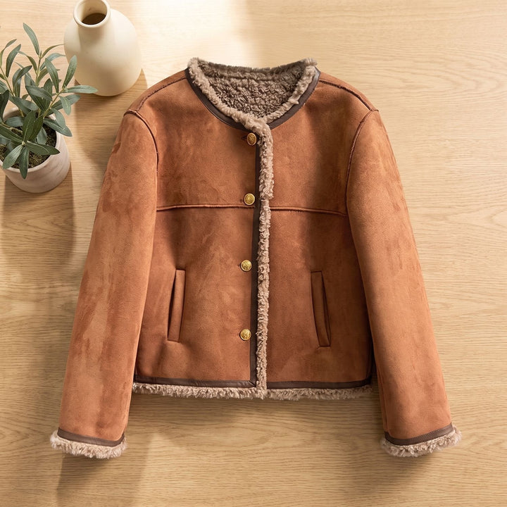 Greta | Women's Short Leather Jacket with Faux Shearling Lining and Gold Buttons