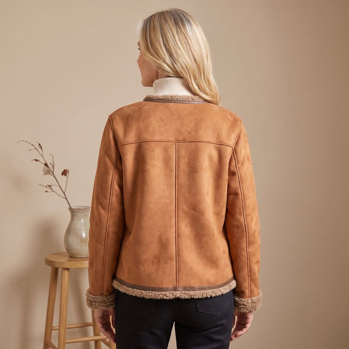 Greta | Women's Short Leather Jacket with Faux Shearling Lining and Gold Buttons