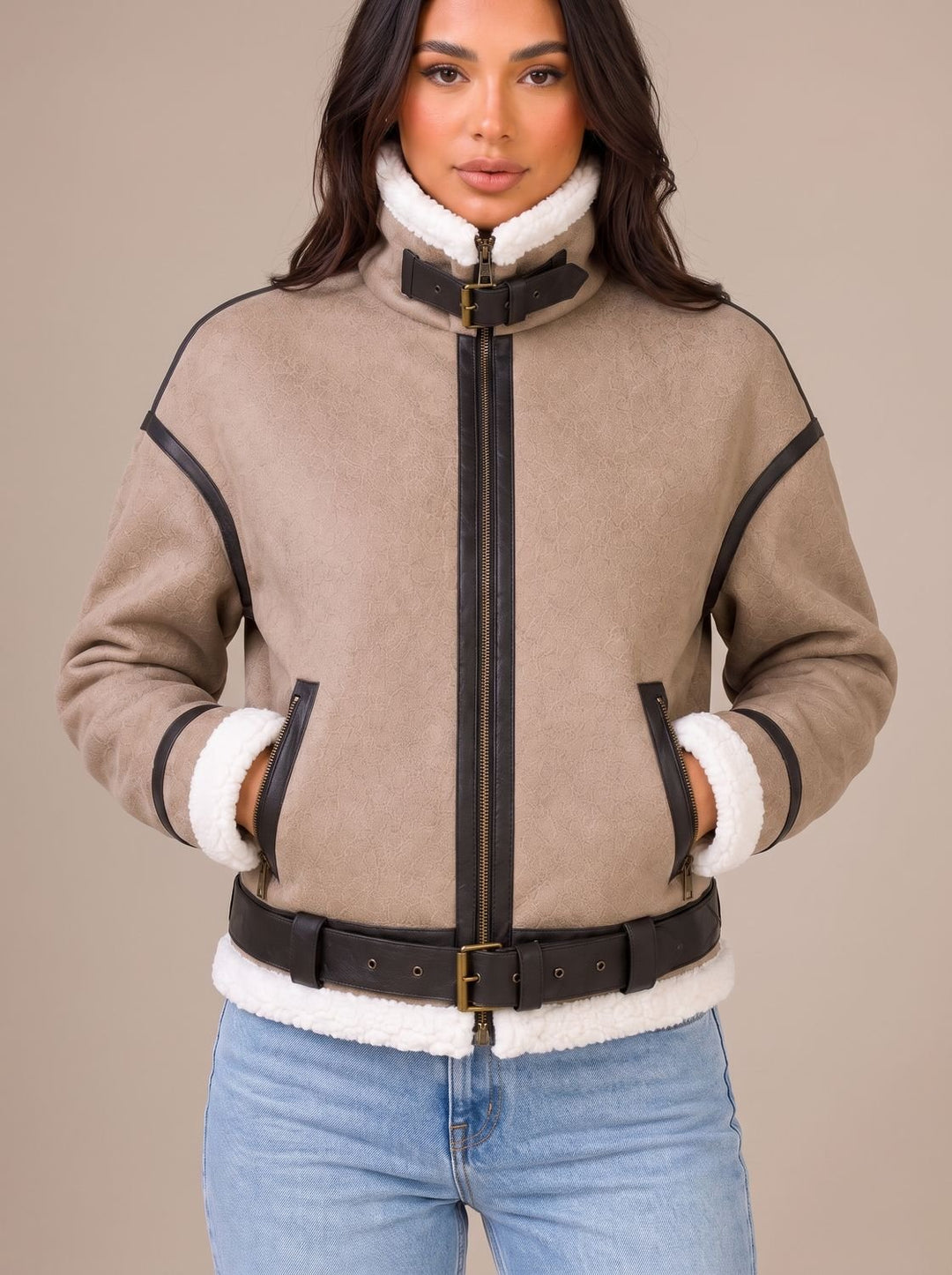 Marlene | Women's Short Teddy Jacket Aviator Style with Faux Fur Trim and Belt