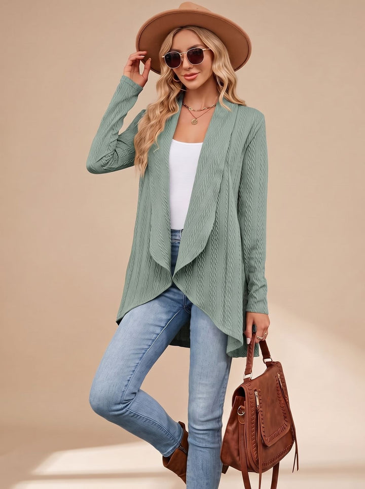 Greta | Women's Long Sleeve Cardigan Open Front Cable Knit Hip Length