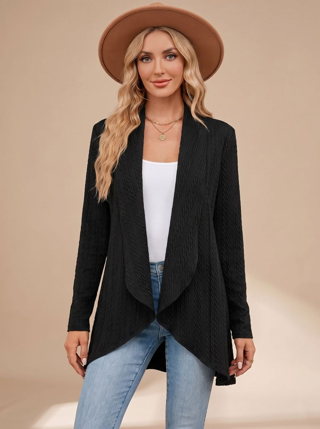 Greta | Women's Long Sleeve Cardigan Open Front Cable Knit Hip Length