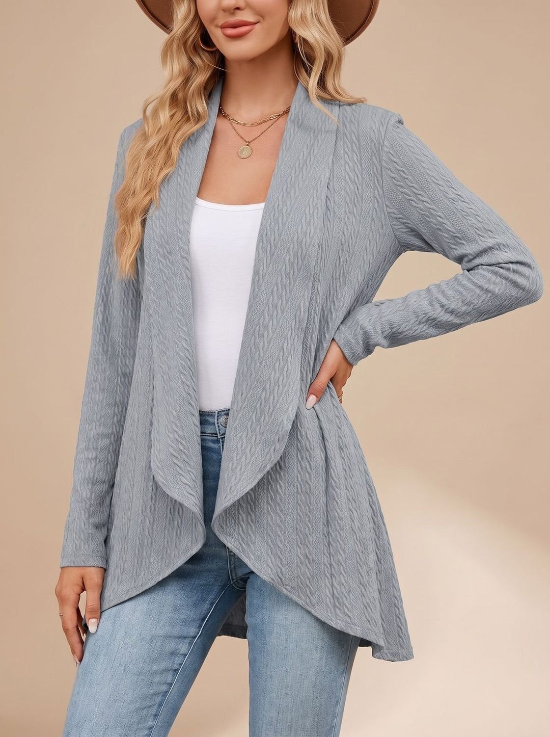 Greta | Women's Long Sleeve Cardigan Open Front Cable Knit Hip Length