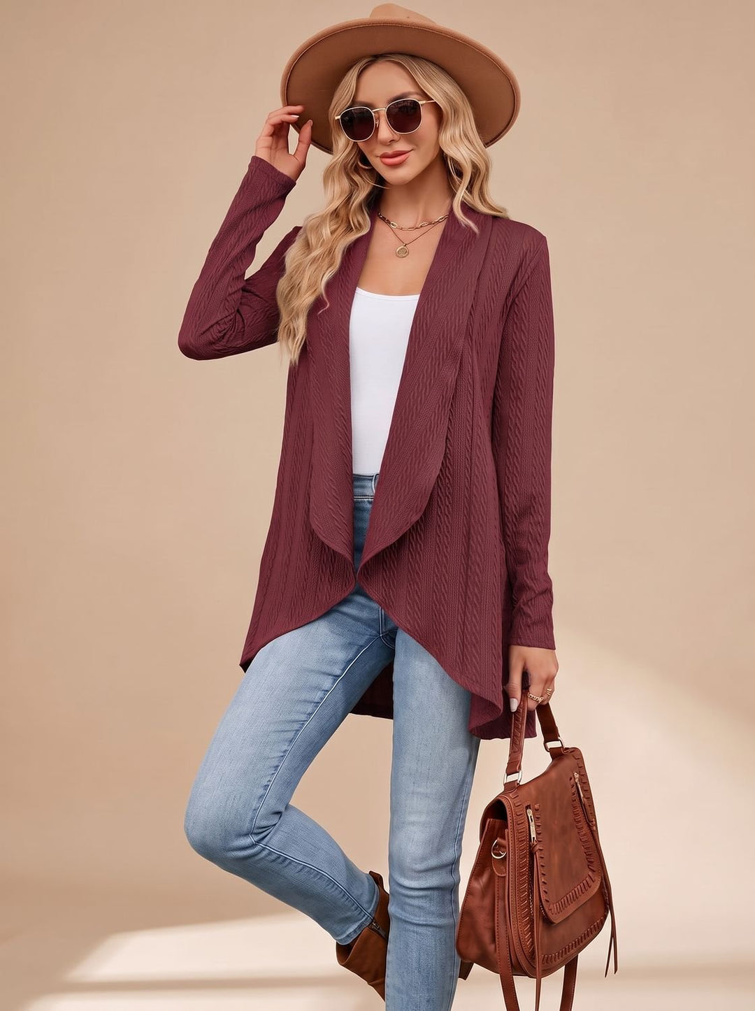 Greta | Women's Long Sleeve Cardigan Open Front Cable Knit Hip Length