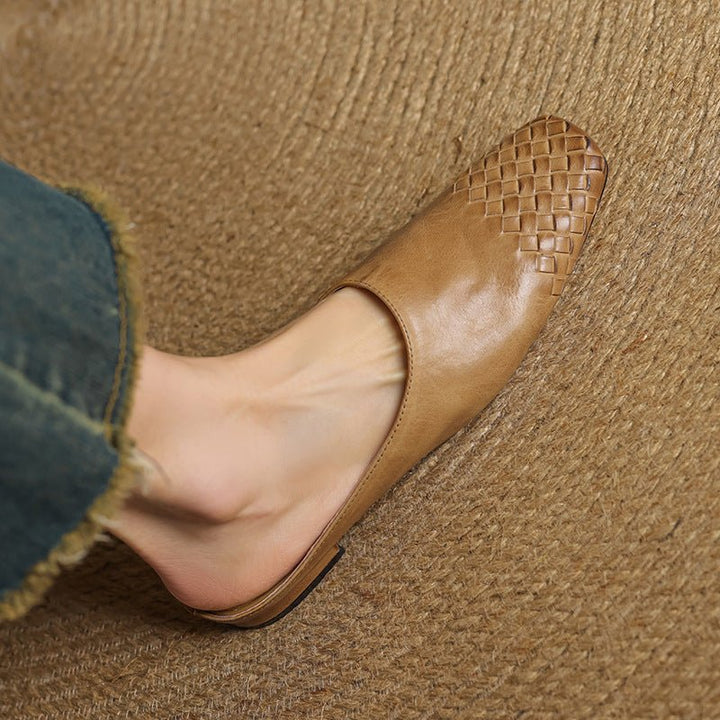 Lena | Women's Leather Mules Woven Square Toe