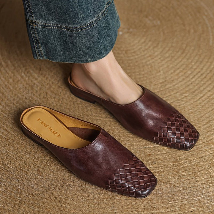 Lena | Women's Leather Mules Woven Square Toe