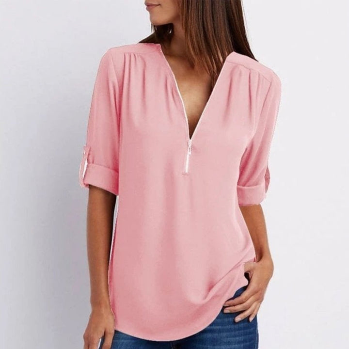 Marlene | Women's Lightweight Zip V-Neck Roll-Up Sleeve Blouse