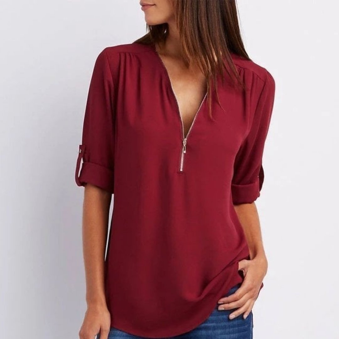 Marlene | Women's Lightweight Zip V-Neck Roll-Up Sleeve Blouse