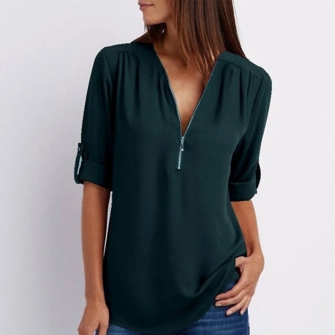 Marlene | Women's Lightweight Zip V-Neck Roll-Up Sleeve Blouse