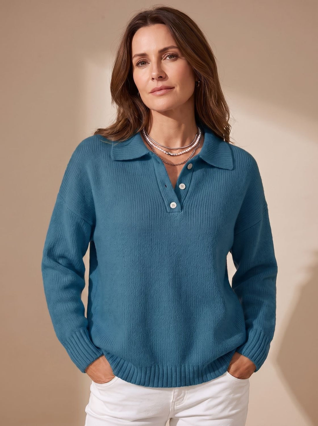 Greta | Women's Long Sleeve Polo Sweater with Button Placket