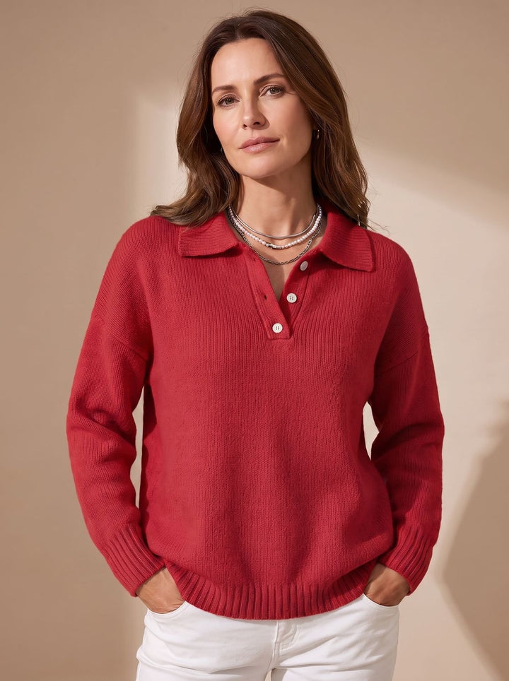Greta | Women's Long Sleeve Polo Sweater with Button Placket