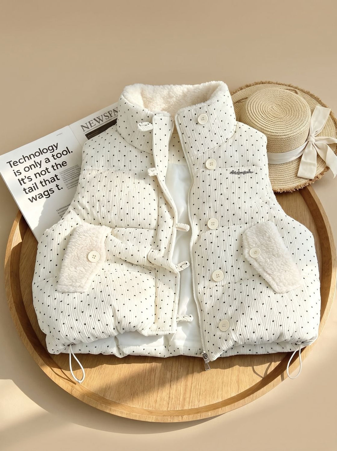 Marie | Women's Quilted Vest with Teddy Lining, Stand-up Collar, Polka Dots Bodywarmer