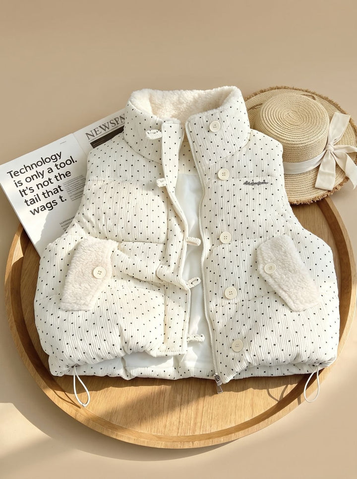 Marie | Women's Quilted Vest with Teddy Lining, Stand-up Collar, Polka Dots Bodywarmer