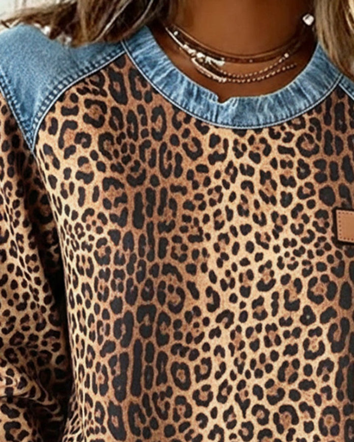 Charlotte | Women's Sweater Leopard Pattern Denim Patchwork Long Sleeve Round Neck Sweatshirt
