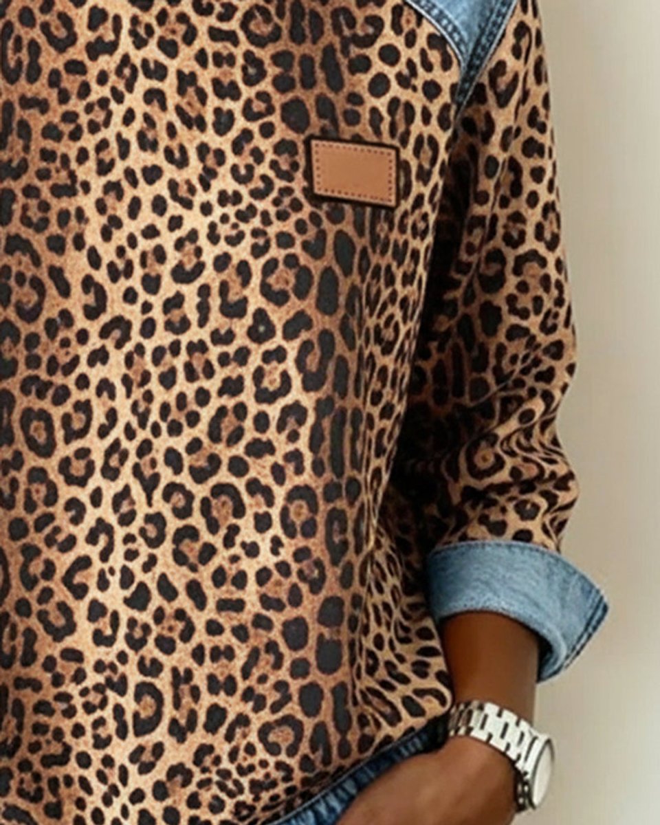 Charlotte | Women's Sweater Leopard Pattern Denim Patchwork Long Sleeve Round Neck Sweatshirt