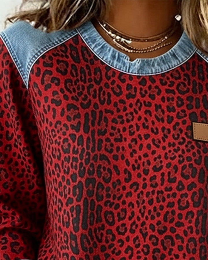 Charlotte | Women's Sweater Leopard Pattern Denim Patchwork Long Sleeve Round Neck Sweatshirt