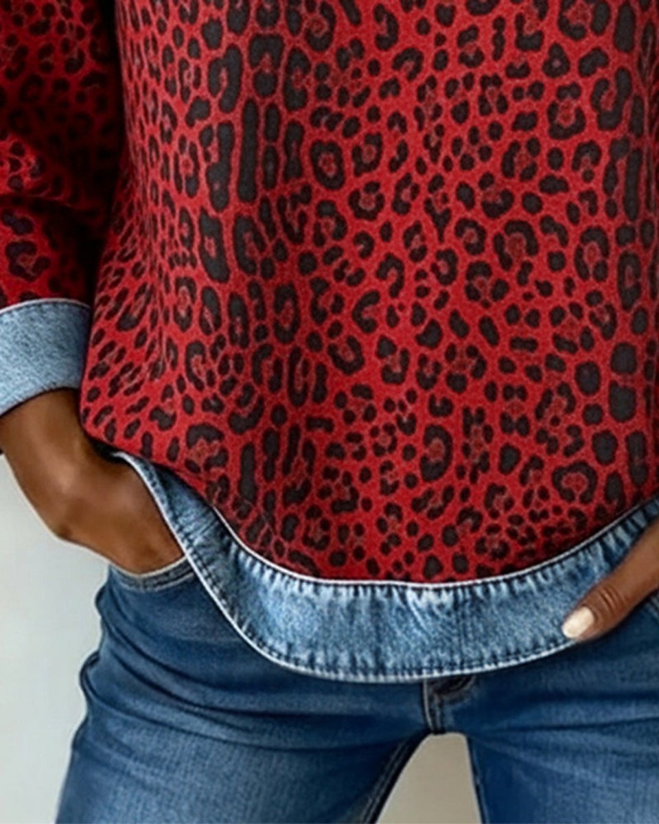 Charlotte | Women's Sweater Leopard Pattern Denim Patchwork Long Sleeve Round Neck Sweatshirt