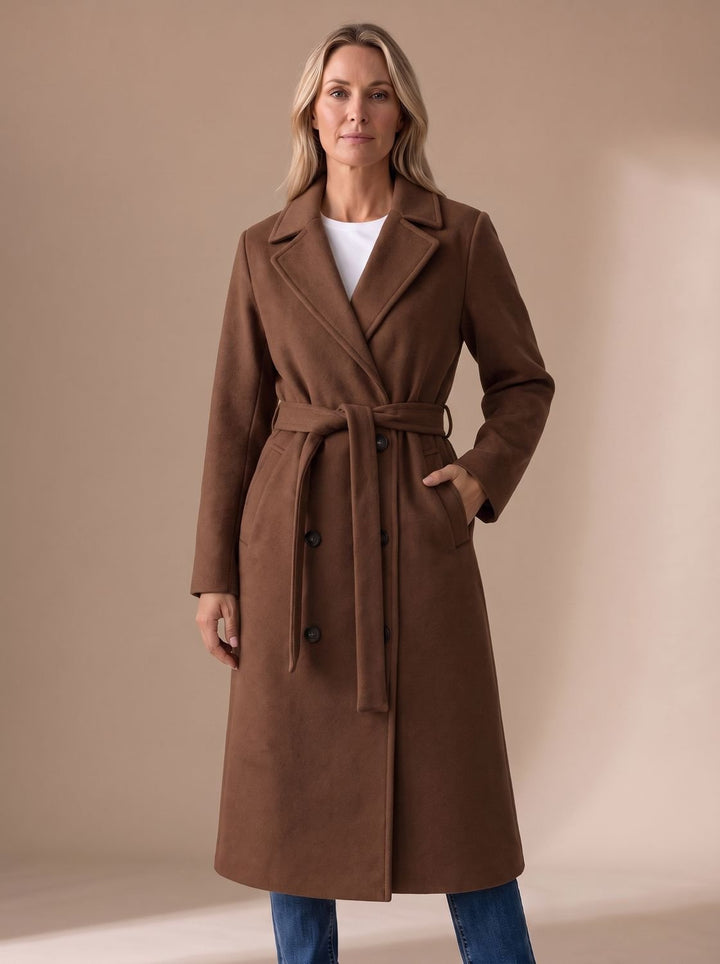 Nora | Women's Wool Coat with Tie Belt Notched Collar Button Placket