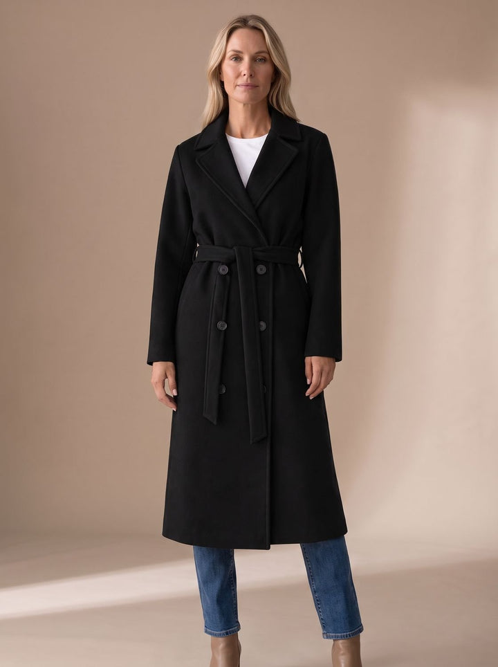 Nora | Women's Wool Coat with Tie Belt Notched Collar Button Placket