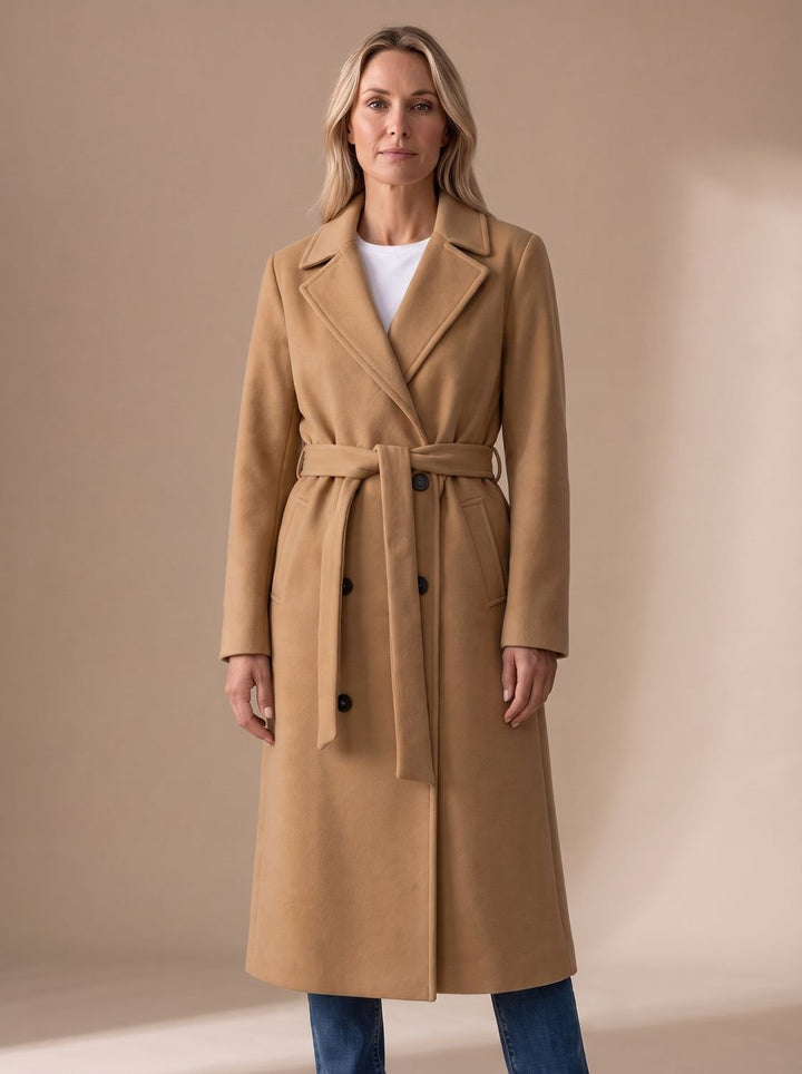 Nora | Women's Wool Coat with Tie Belt Notched Collar Button Placket