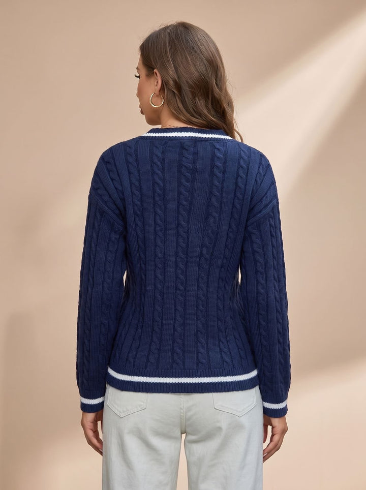 Mia | Women's Cable Knit V-Neck Sweater with Stripe Details