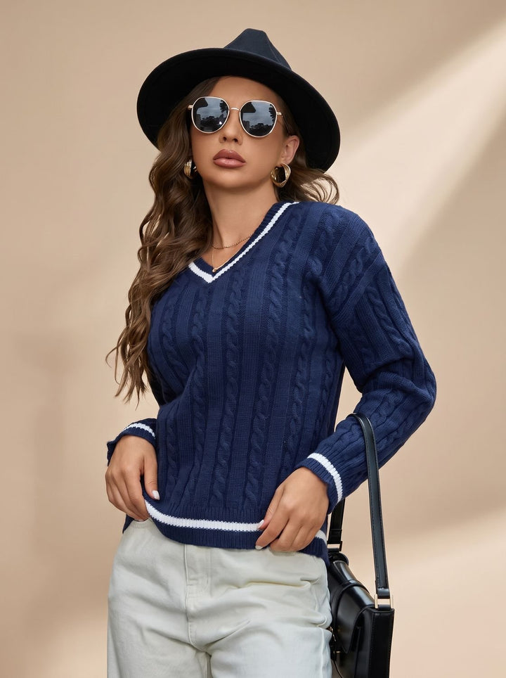 Mia | Women's Cable Knit V-Neck Sweater with Stripe Details