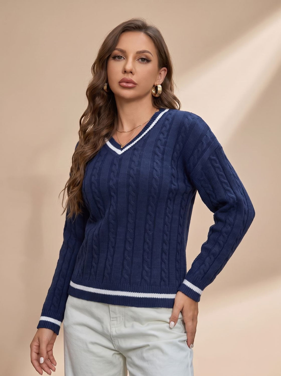 Mia | Women's Cable Knit V-Neck Sweater with Stripe Details
