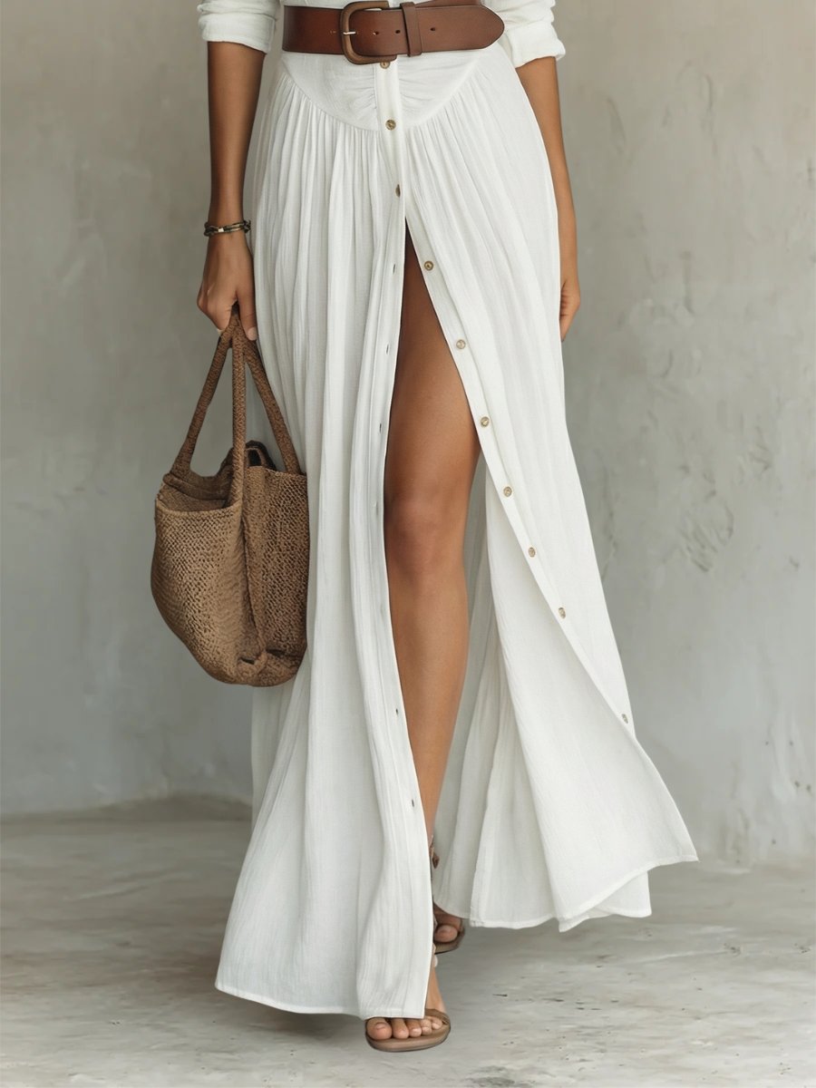 Fleur Women's Boho Maxi Blouse Dress with Buttons and Belt, view 2 - Elena Harper