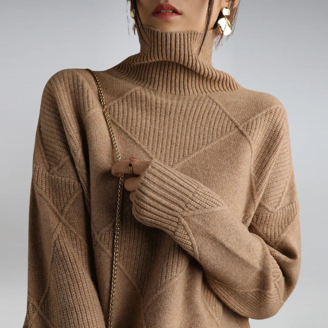 Women's Turtleneck Sweater with Argyle Pattern and Comfortable Wool