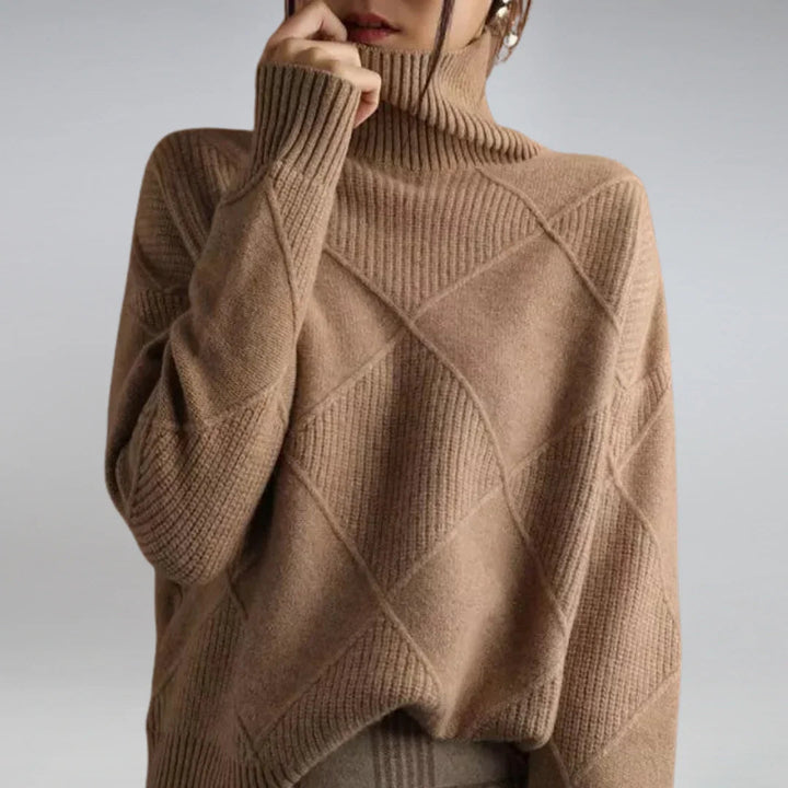 Women's Turtleneck Sweater with Argyle Pattern and Comfortable Wool