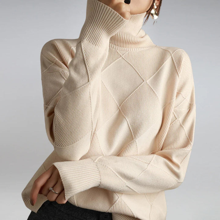 Women's Turtleneck Sweater with Argyle Pattern and Comfortable Wool
