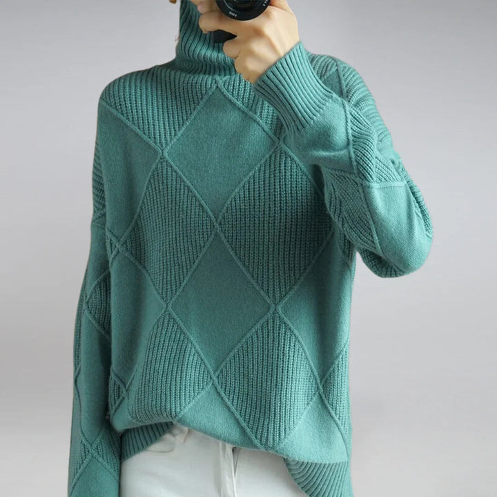 Women's Turtleneck Sweater with Argyle Pattern and Comfortable Wool
