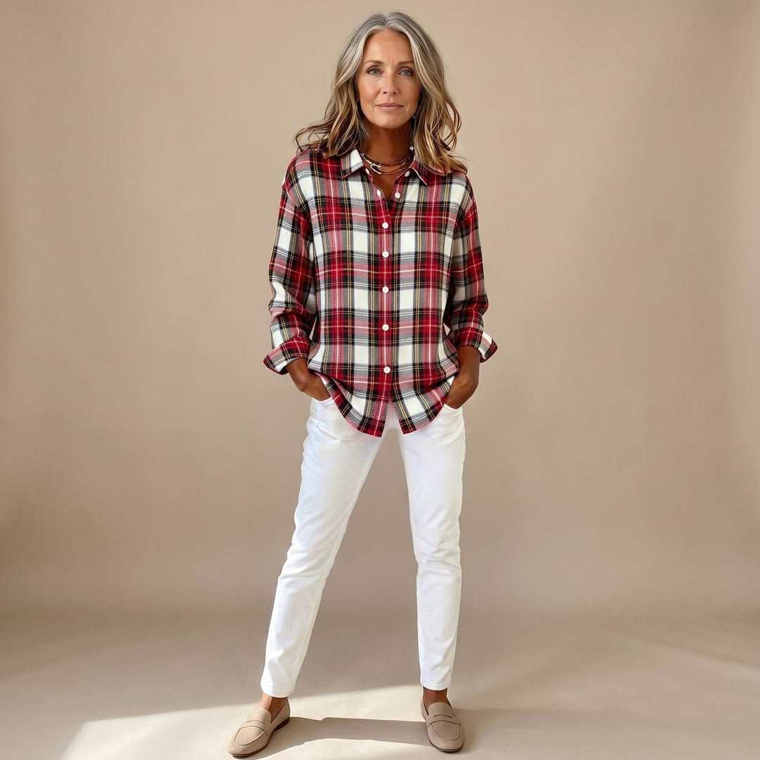 Fleur | Women's Checkered Flannel Button-Down Shirt Blouse