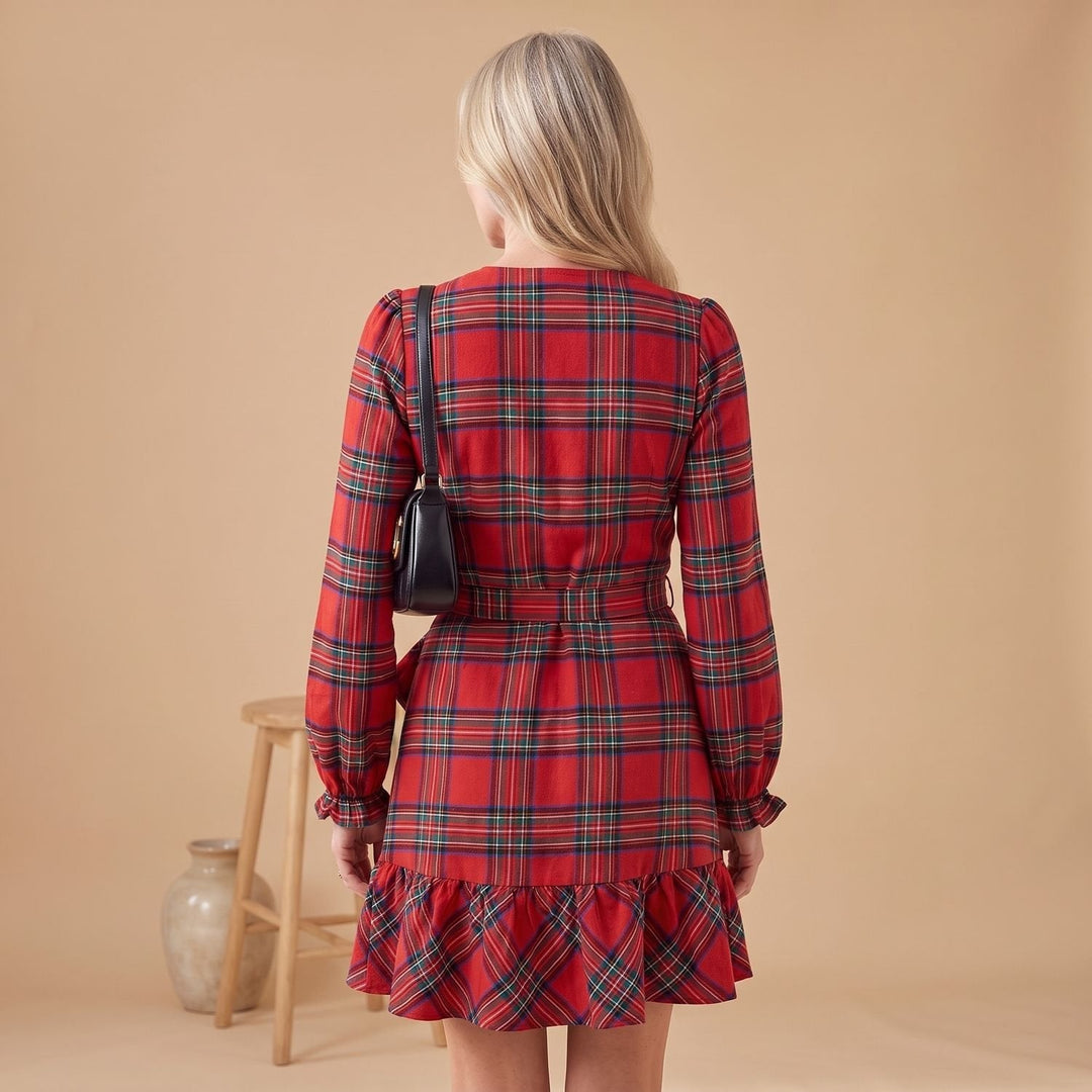 Sanne | Women's Checked Party Dress with Wrap Silhouette Ruffled Sleeves