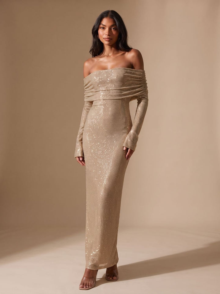 Lieke | Women's Glitter Maxi Party Dress Off-Shoulder Long Sleeve