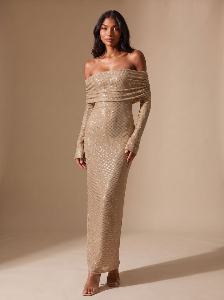 Lieke | Women's Glitter Maxi Party Dress Off-Shoulder Long Sleeve