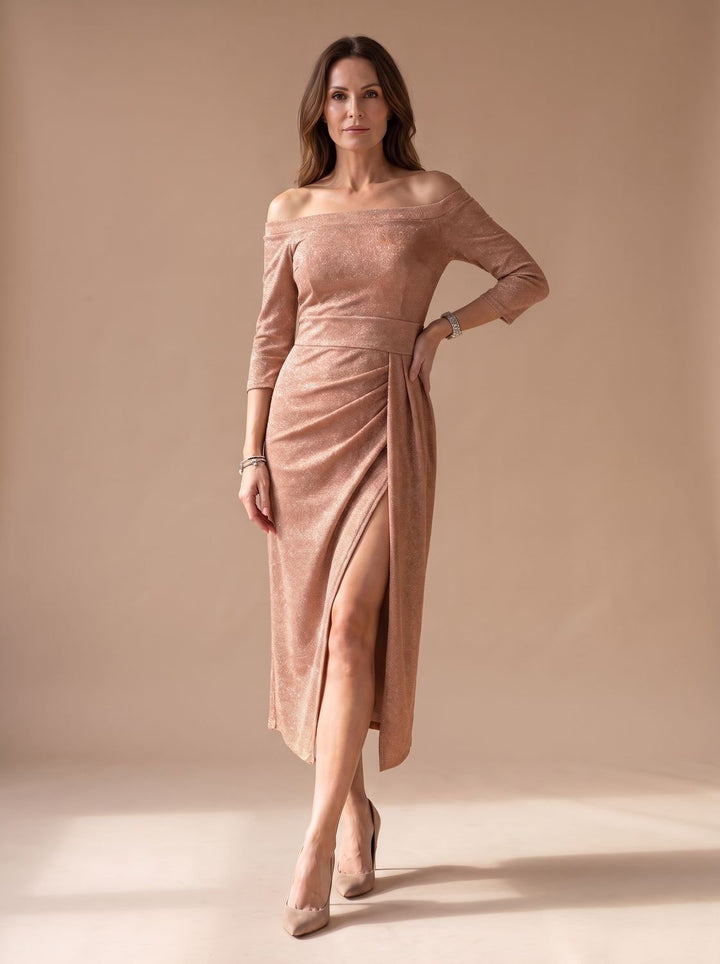 Mila Women's Glitter Off-Shoulder Party Dress with High Split, view 2 - Elena Harper