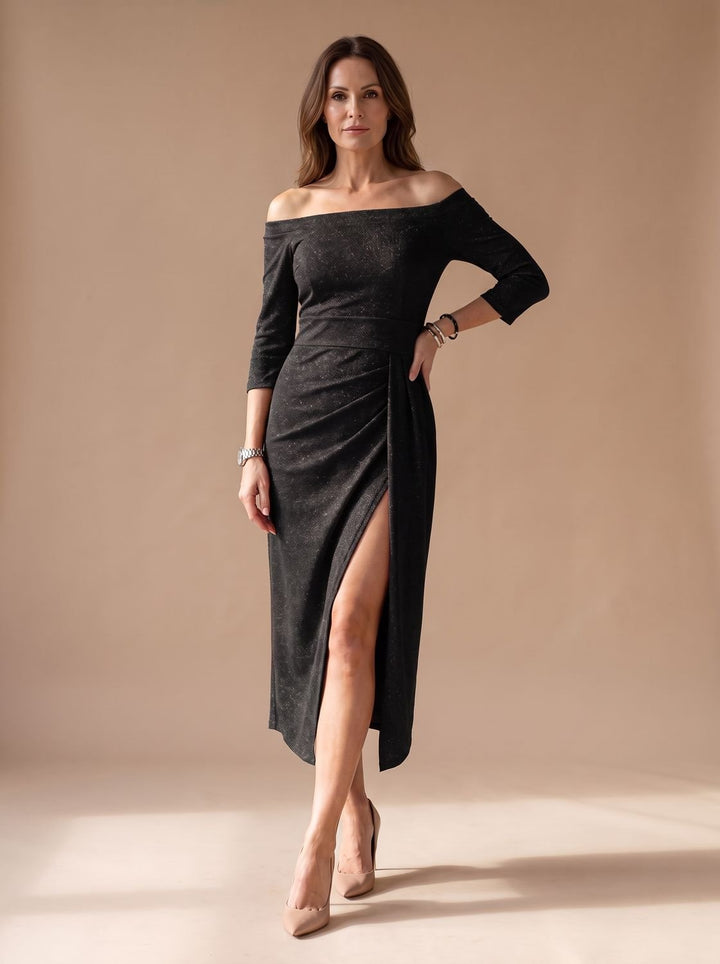 Mila Women's Glitter Off-Shoulder Party Dress with High Split, view 7 - Elena Harper