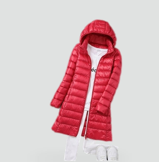 Women's Long Down Jacket with Removable Hood for Winter Days