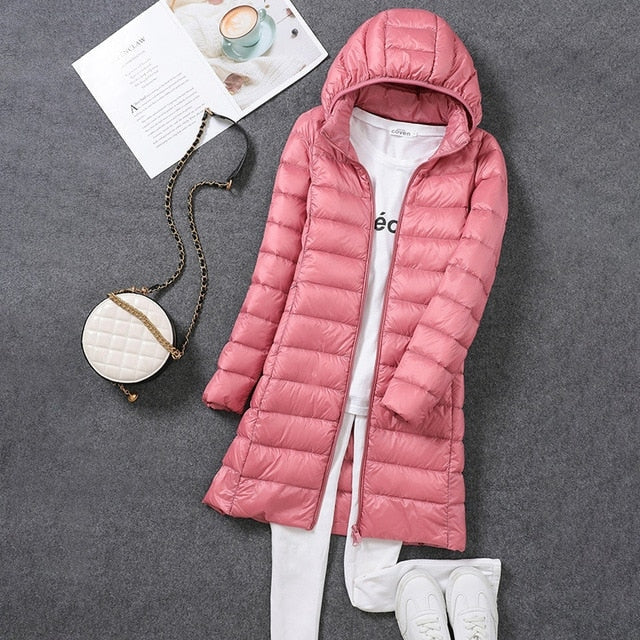 Women's Long Down Jacket with Removable Hood for Winter Days