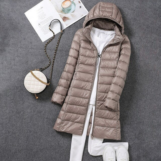 Women's Long Down Jacket with Removable Hood for Winter Days